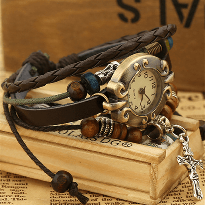 Vintage Cowhide Bracelet Watch Beaded Cross Pendant Leather Lady Bracelet Watch Bracelet - Trendha