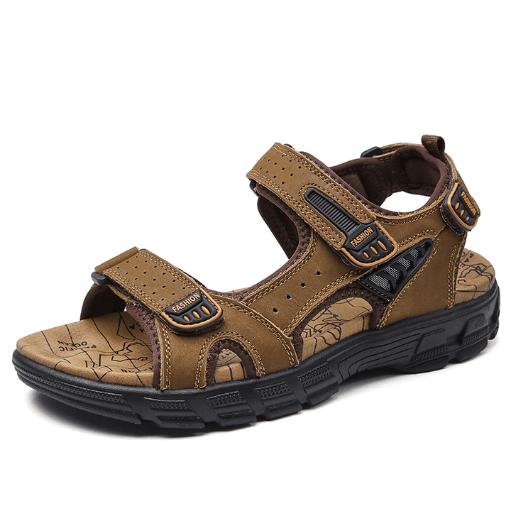 Men Outdoor Hand Stitching Cowhide Leather Comfy Non Slip Beach Sandals - Trendha