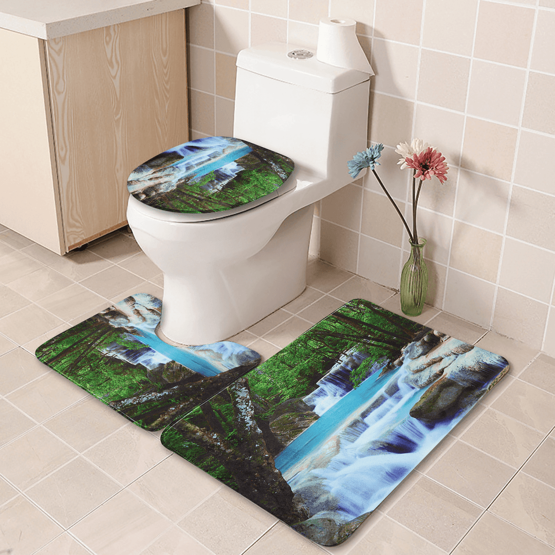 3D Bathroom Shower Curtain Waterfall Non-Slip Mat Set Lid Toilet Cover Rug Bath - Trendha
