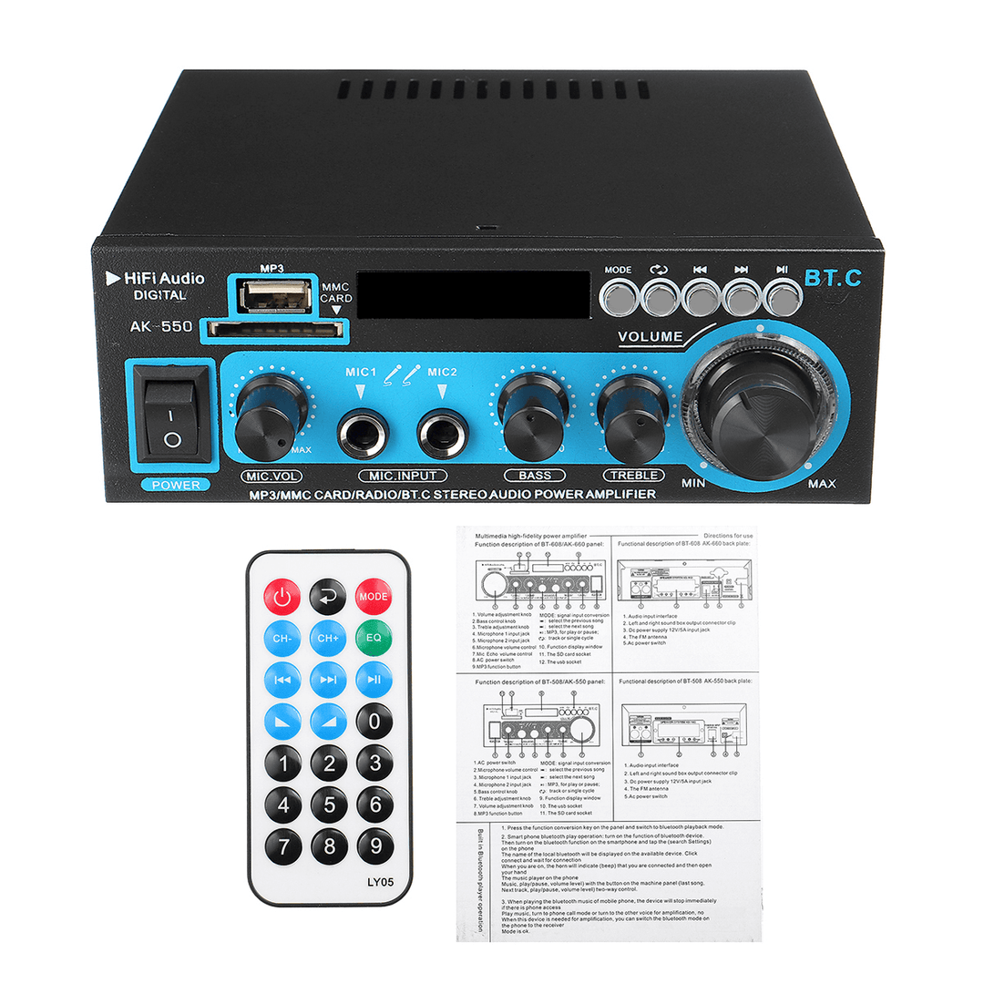 AK-550 Bluetooth Audio Stereo Mini Digital Amplifier USB FM SD Mic Home Theater Car AC 220V DC 12V Mini AMP - Trendha