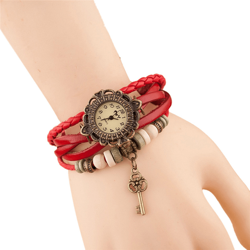Vintage Multilayer Key Pendant Leather Strap Women Quartz Watch Bracelet Watch - Trendha