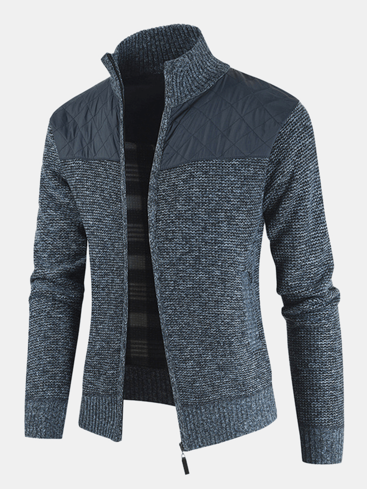 Mens Patchwork Zip Front Stand Collar Knit Casual Cardigans with Pocket - Trendha