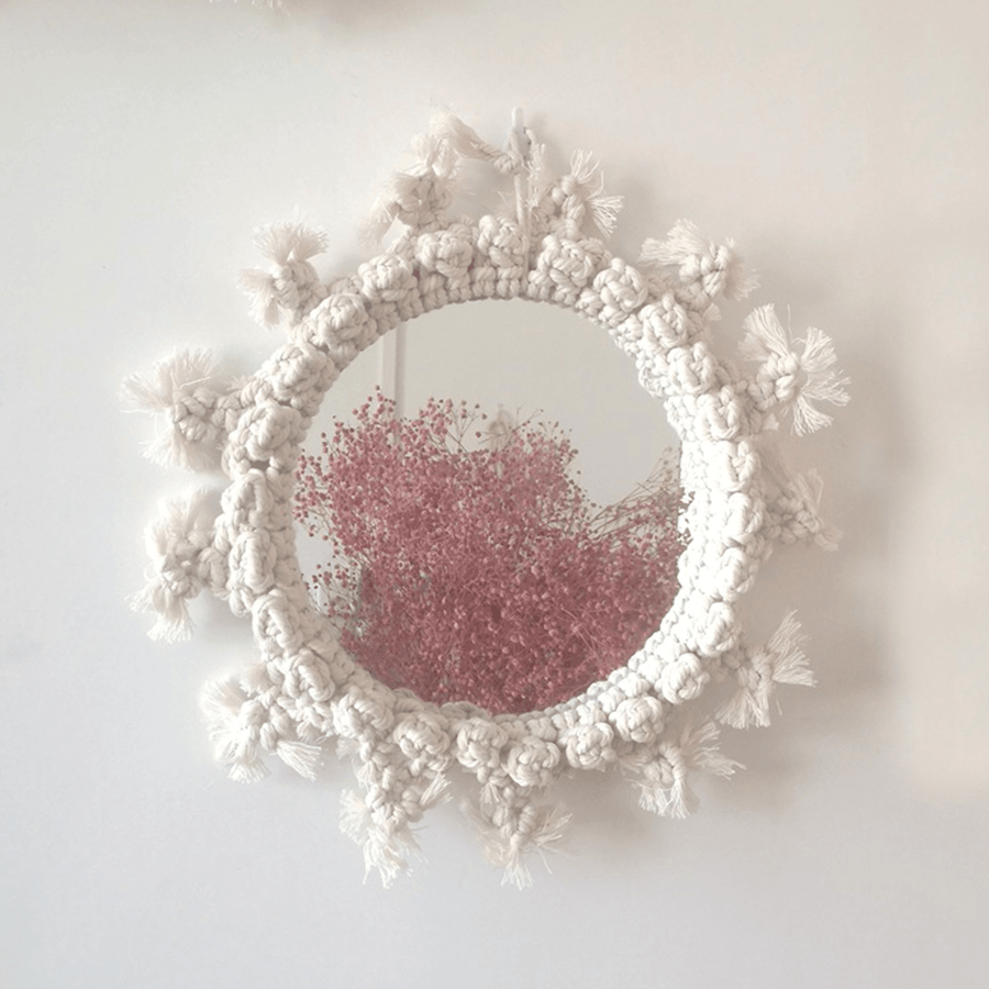 Rattan Innovative Art Decoration round Makeup Mirrors Dressing Bathroom Wall Hanging Mirror with Macrame - Trendha