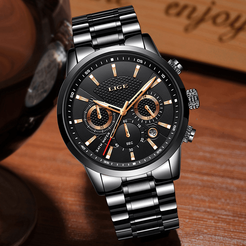 LIGE 9866 Chronograph Full Steel Band Men Wrist Watch Luminous Display Quartz Watch - Trendha