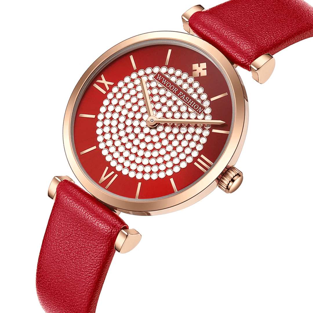 WWOOR 8851 Sky Diamond Dial Ladies Wrist Watch Leather Watch Band Quartz Watch - Trendha