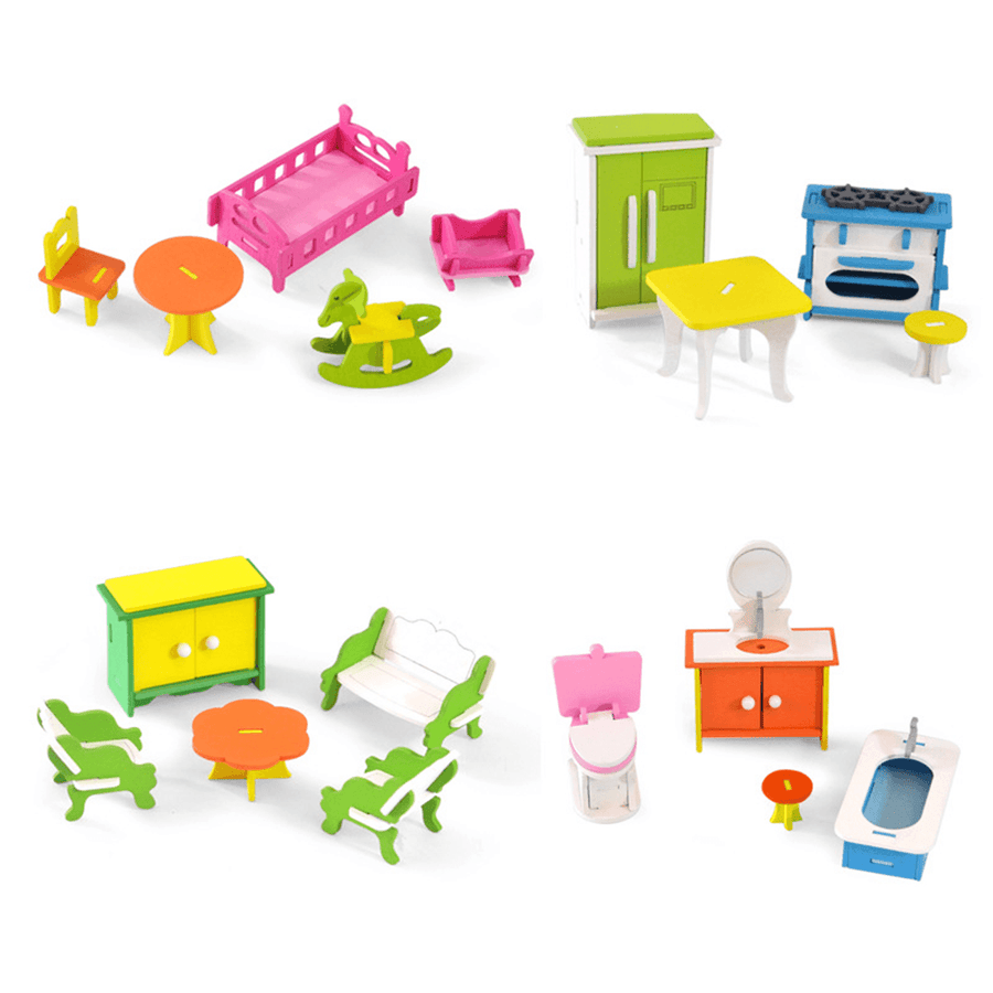 Wooden Colorful DIY Assembly Doll House Furniture Kit Early Educational Learning Toys for Kids Gift - Trendha