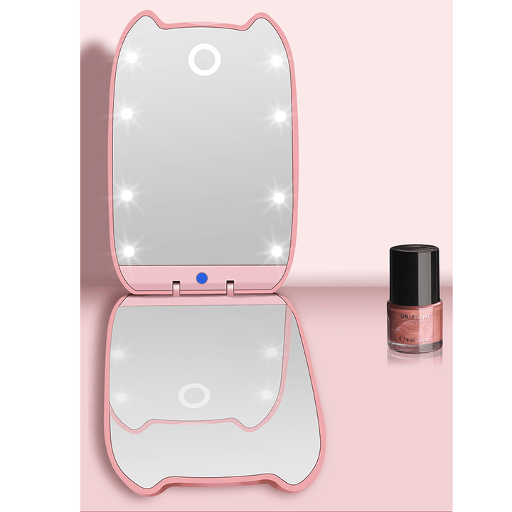 Women LED 180° Foldable Makeup Mirror Light Cosmetic Folding 2X Magnifying Mirror + Flat Mirror 8 LED Lights 2 Sided Lamps Hand Mirror Tools - Trendha