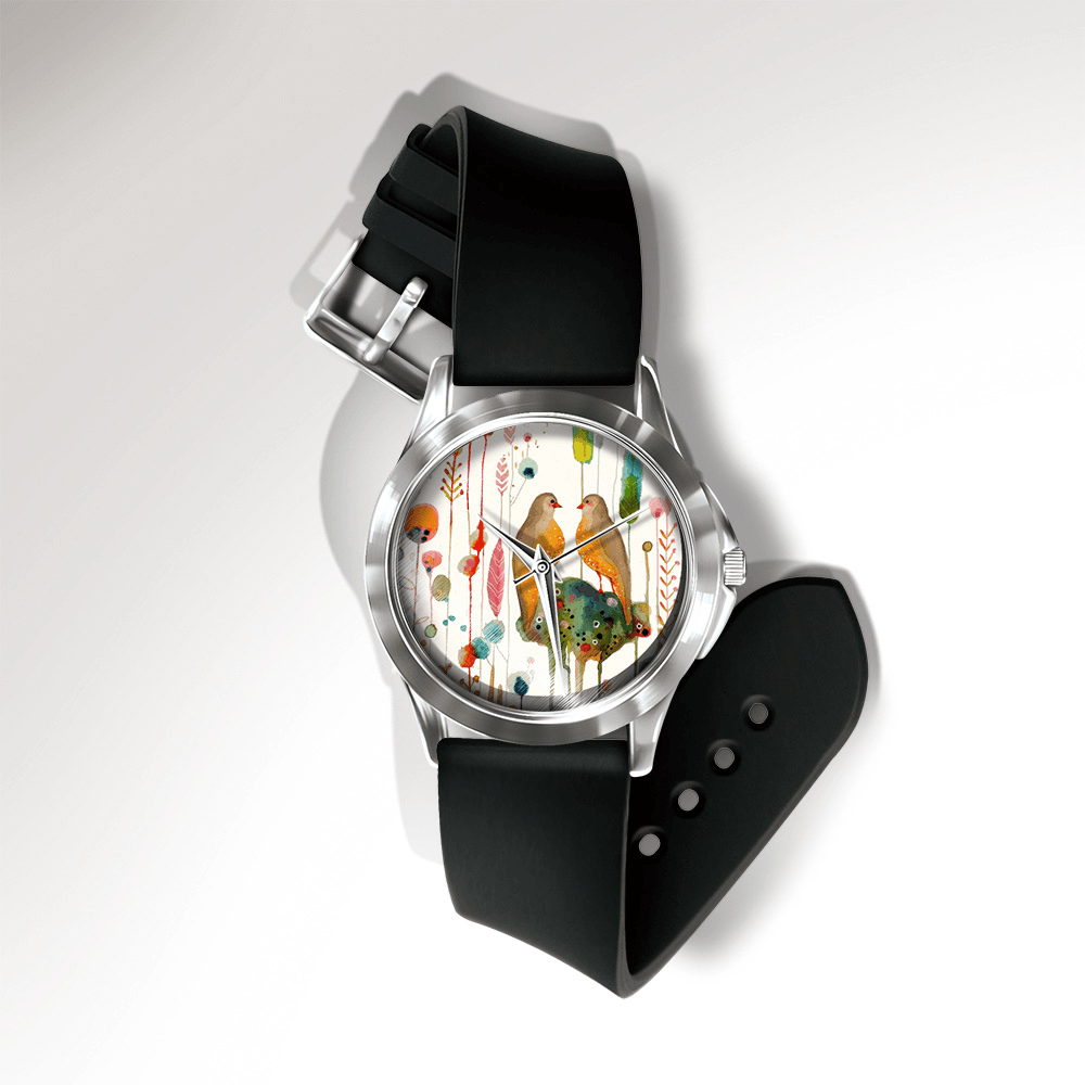 MISS WHITE Casual Watercolor Flower Bird Pattern Dial PVC Band Women Quartz Watch Wristwatch - Trendha