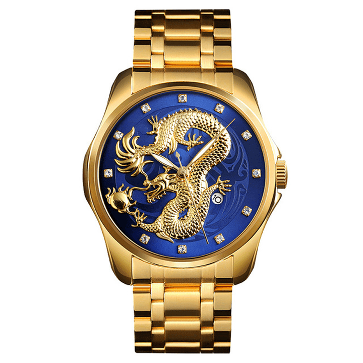 SKMEI 9193 Luxury Chinese Dragon Pattern Golden Waterproof Men Watch Quartz Watch - Trendha