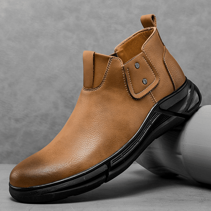 Men Retro Cowhide Leather Non Slip Soft Sole Elastic Slip on Chelsea Boots - Trendha