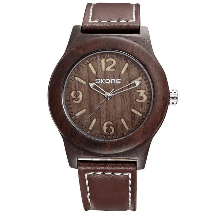 SKONE 3842 Fashion Men Quartz Watch Casual Leather Strap Wooden Wristwatch - Trendha