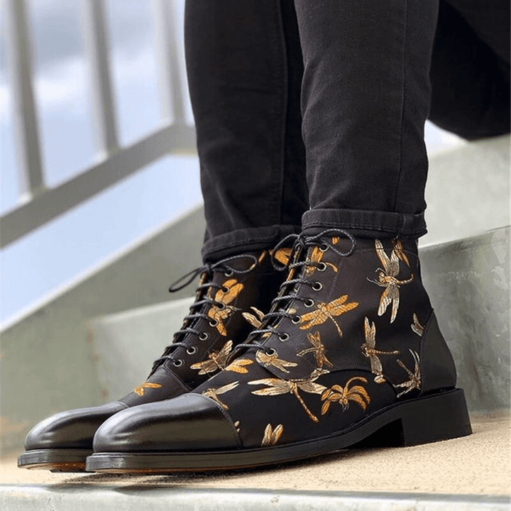 Men British Style Cap Toe Splicing Dragonflies Printed Cloth Ankle Jack Boots - Trendha