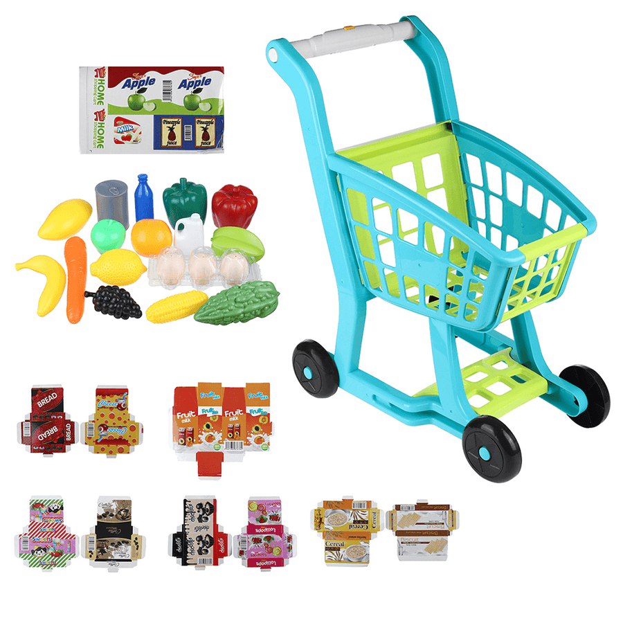 Plastic Kids' Supermarket Shopping Cart Set with Accessories (Fruits & Vegetables & Snack Boxes) for Children Toys - Trendha