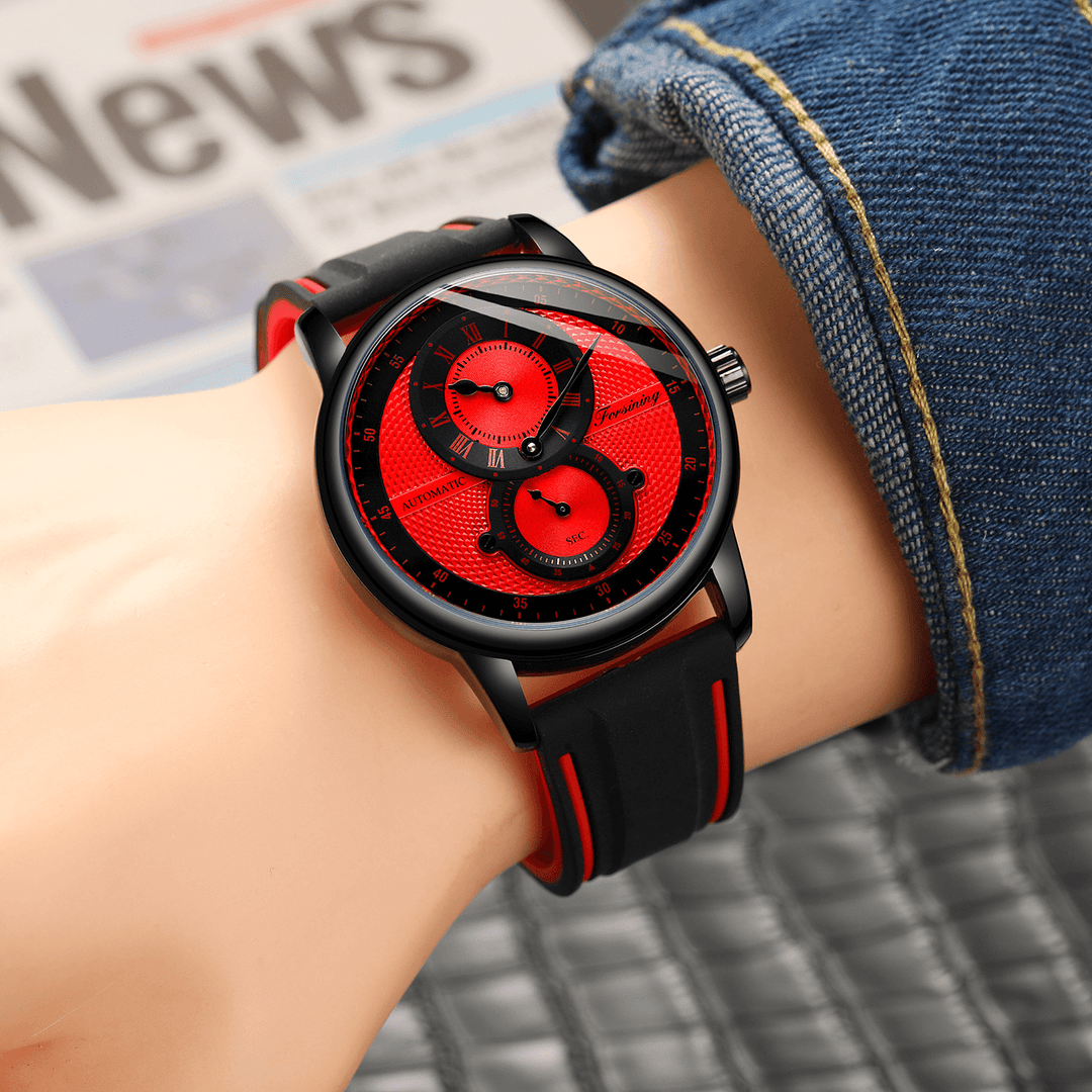FORSINING 8203 Sports Casual Multifunction Dial Silicone Strap Men 3ATM Waterproof Automatic Mechanical Watch - Trendha
