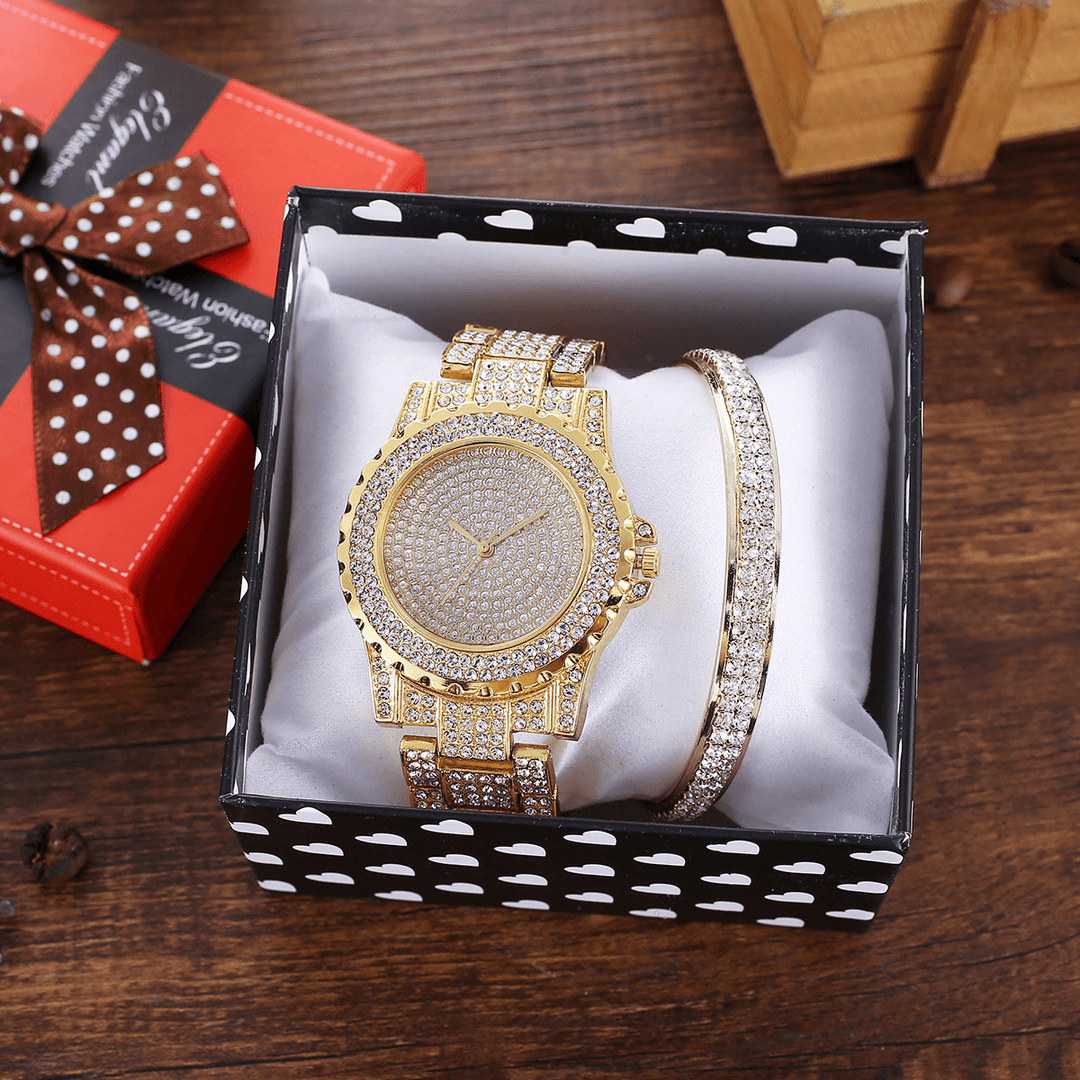 2Pcs Fashion Luxury Full Diamond Steel Band Quartz Watch Punk Rhinestone Bracelet Set - Trendha