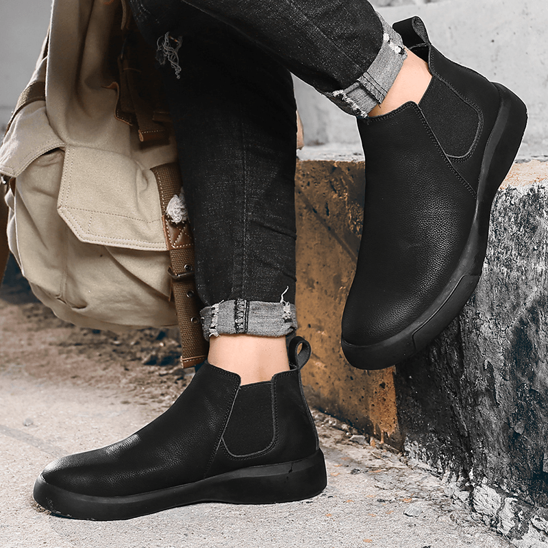 Men Comfy Cowhide Leather Non Slip Elastic Slip on Casual Chelsea Boots - Trendha