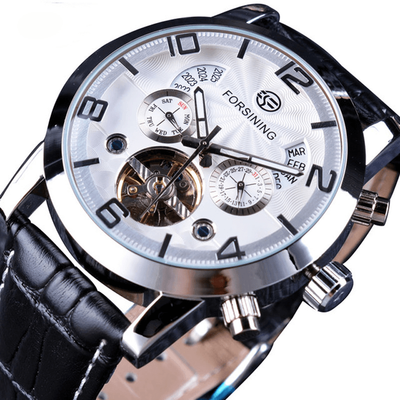 Forsining GMT373 Fashion Men Automatic Watch Week Year Genuine Leather Strap Display Mechanical Watch - Trendha