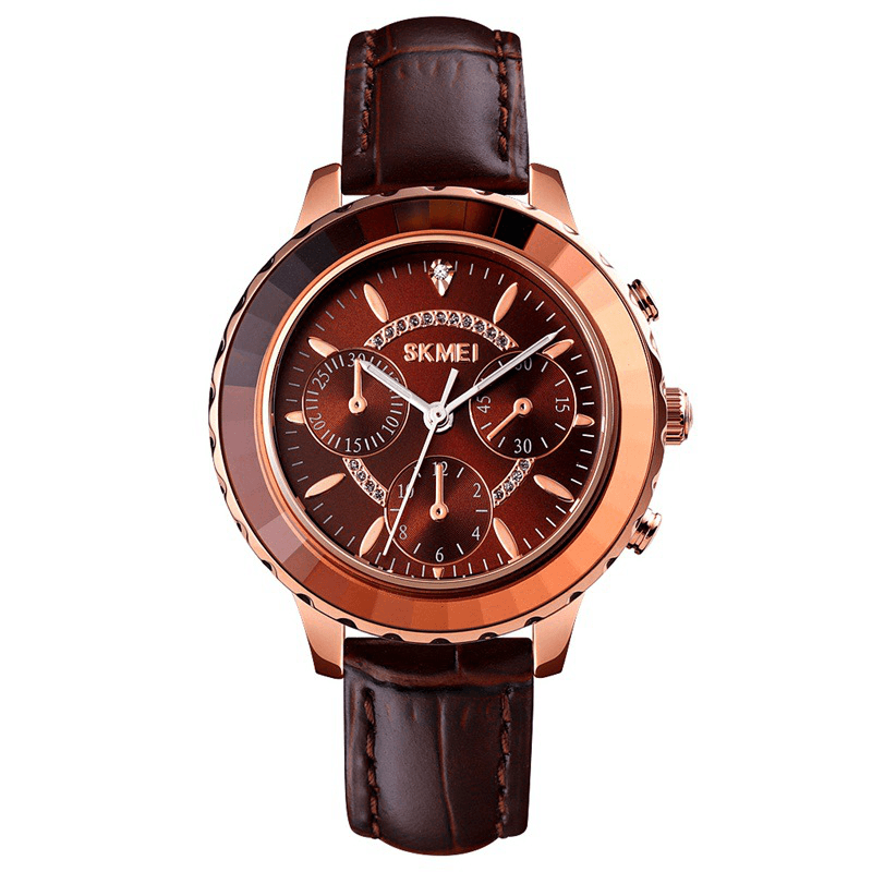 SKMEI 1704 Three Eyes Elegant Design Women Wrist Watch Ultra Thin Genuine Leather Band Quartz Watch - Trendha