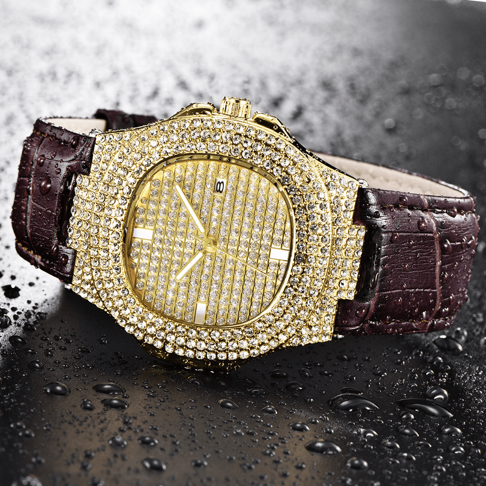 Fashion Elegent Alloy PU Leather Men Vintage Diamond Watch Belt Quartz Watch - Trendha