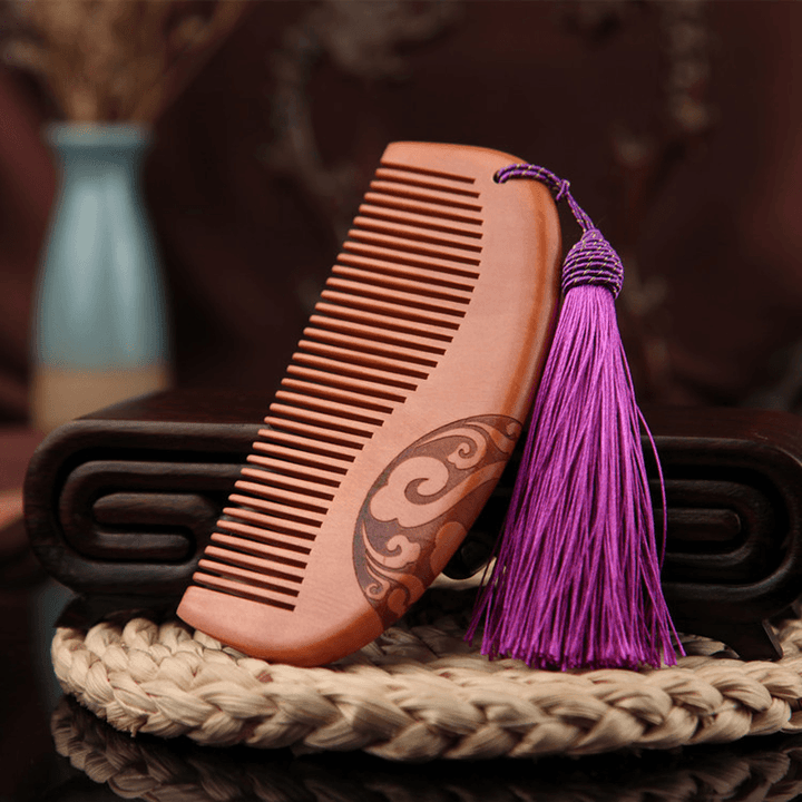 Wooden Comb Double-Sided Carving Peach Wood Comb Tassel Nanmu Mahogany Massage Hair Scalp Hair Care - Trendha