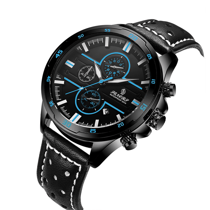 SENORS SN007 Multi-Functional Chronograph Calendar Fashion Waterproof Genuine Leather Strap Men Quartz Watch - Trendha