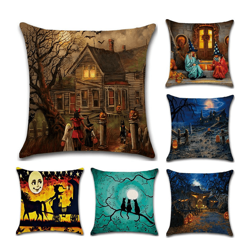 Halloween Series Ancient House Witch Pumpkin Cat Pillow Cover Decorative Toys - Trendha
