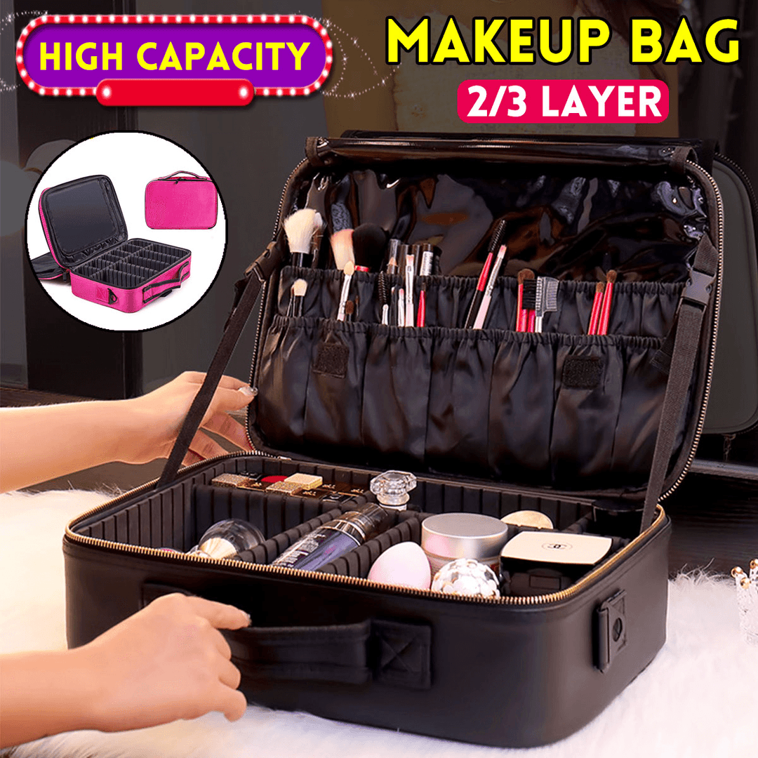 Women Makeup Bag 2/3 Layer Space Travel Organizer Storage Handle Waterproof - Trendha