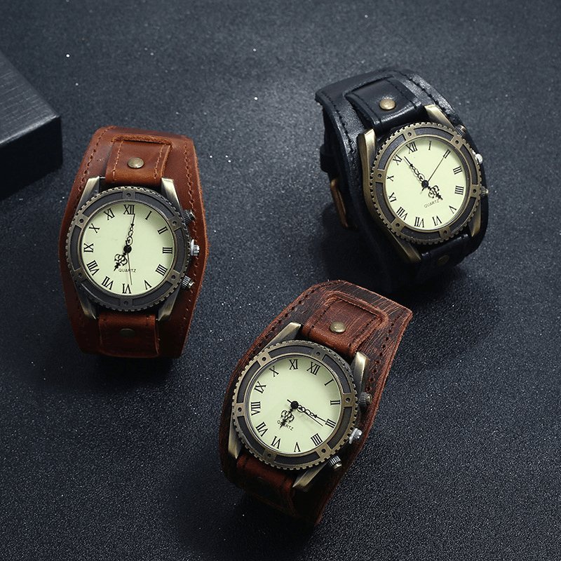 Vintage Cow Leather Bracelet Watch Adjustable Strap Roman Numerals Men Quartz Watch - Trendha