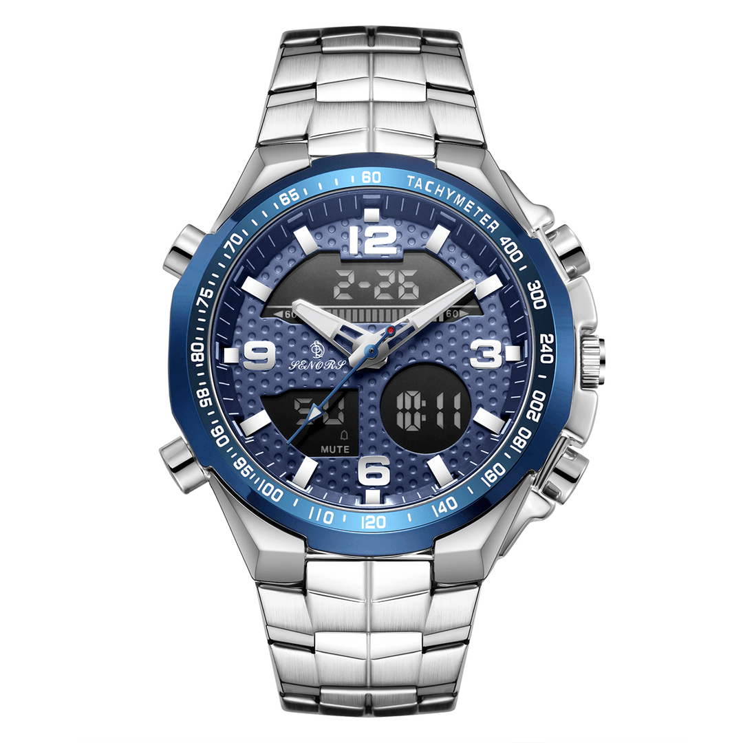 SENORS SN013 Alarm Stopwatch Chronograph Calendar Luminous Men Waterproof Stainless Steel Strap Dual Display Digital Watch - Trendha