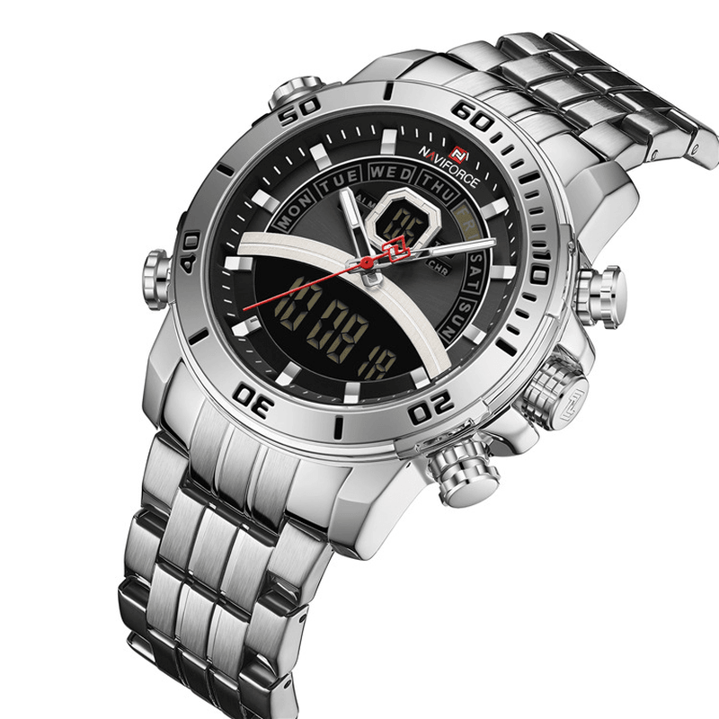 NAVIFORCE 9181S Full Steel Dual Display Chronograph Men Wrist Watch Luminous Hand Quartz Watch - Trendha