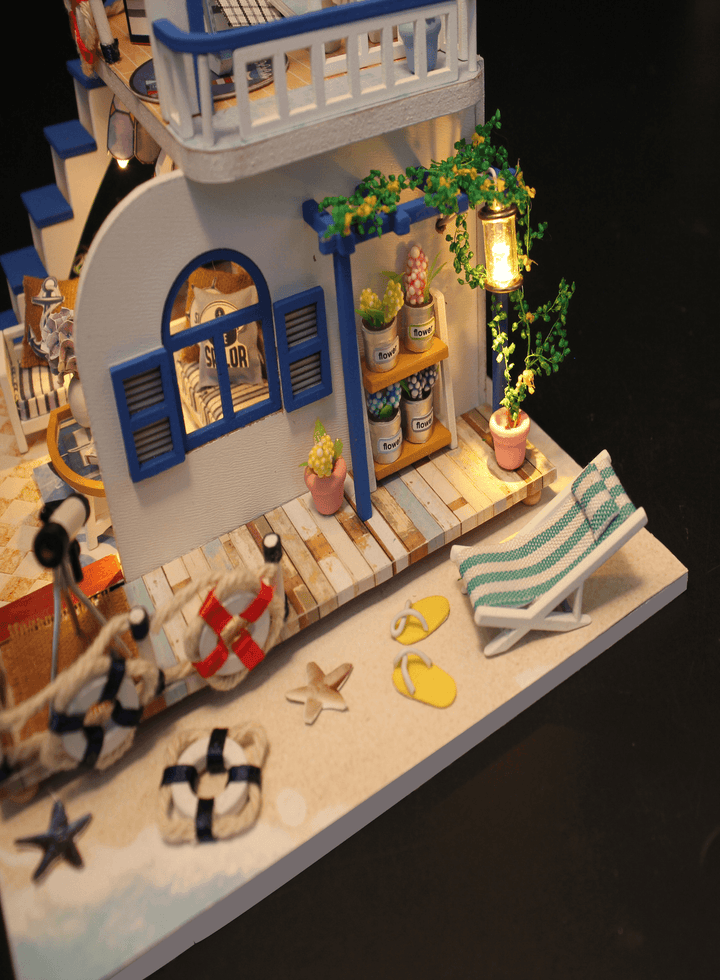 Hoomeda DIY Wooden Doll House Blue Ocean Coast Miniature Furniture Music Light Gift Decoration - Trendha