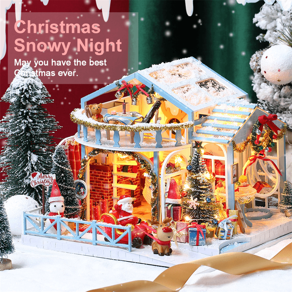 IIECREATE 2020 New Christmas K-058 Christmas Snowy Night DIY Assembled Cabin with Doll Three-Piece Set with Dust Cover - Trendha