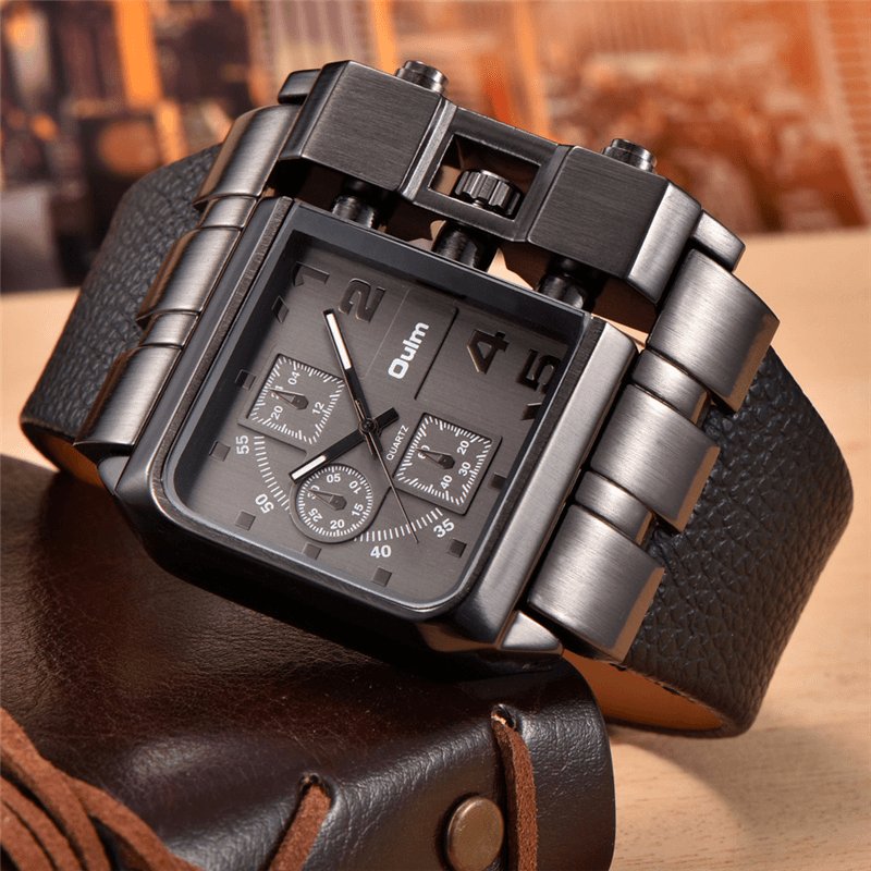 OULM 3364 Fashionable Creative Watch Square Dial Unique Design Leather Strap Quartz Watch - Trendha