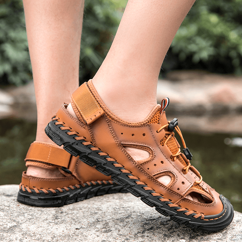 Men Cowhide Leather Breathable Mesh Hand Stitching Non Slip Soft Casual Outdoor Sandals - Trendha