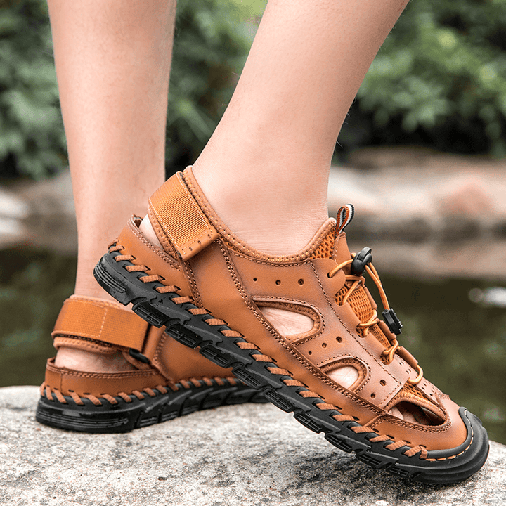 Men Cowhide Leather Breathable Mesh Hand Stitching Non Slip Soft Casual Outdoor Sandals - Trendha