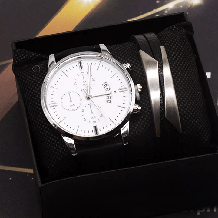 Fashion Business Men Watch Bracelet Set 2Pcs Calendar Clock Alloy Case Leather Band Male Quartz Watch - Trendha