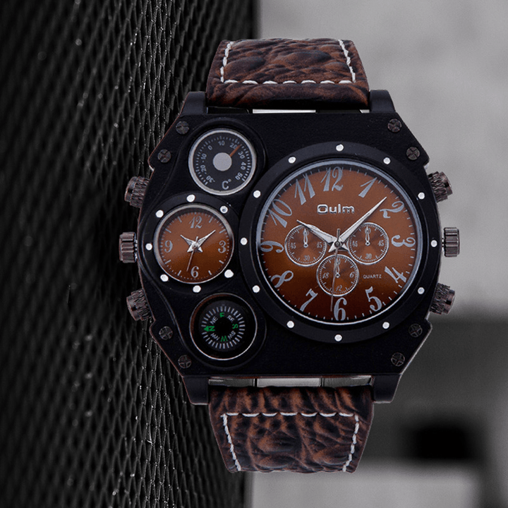 Oulm HP1349 Men Watch Fashion Casual Large Dial Dual Time Zone Luminous Outdoor Male Quartz Watch - Trendha