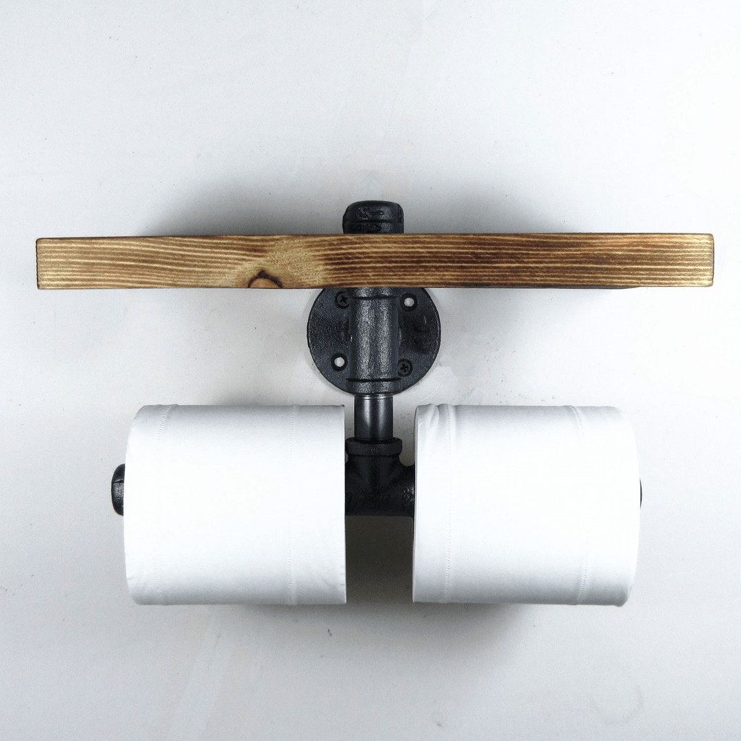 Double Toilet Paper Holder Urban Industrial Iron Pipe Wall Mount with Wood Shelf Paper Shelf Holder - Trendha