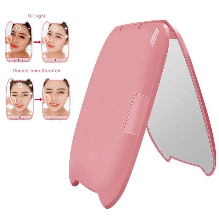 Women LED 180° Foldable Makeup Mirror Light Cosmetic Folding 2X Magnifying Mirror + Flat Mirror 8 LED Lights 2 Sided Lamps Hand Mirror Tools - Trendha