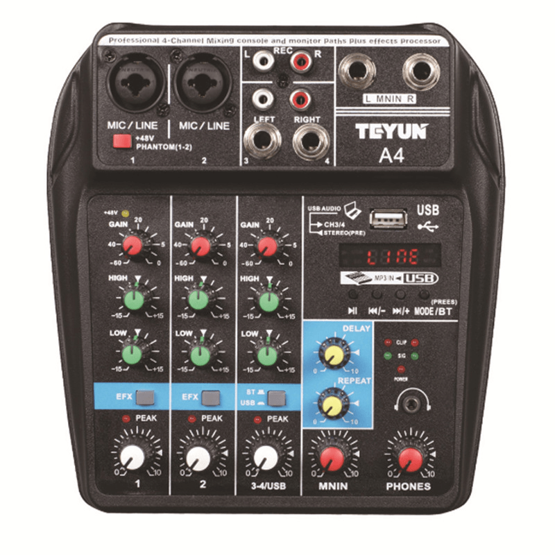 Teyun A4 4 Channel Bluetooth 4.0 Audio Mixer Mixing Console Sound Card 48V Phantom Power - Trendha