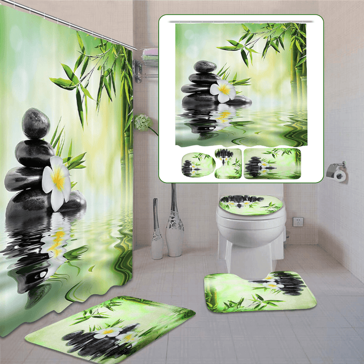 Bamboo Printing Waterproof Bathroom Shower Curtain Toilet Cover Mat Non-Slip Carpet - Trendha