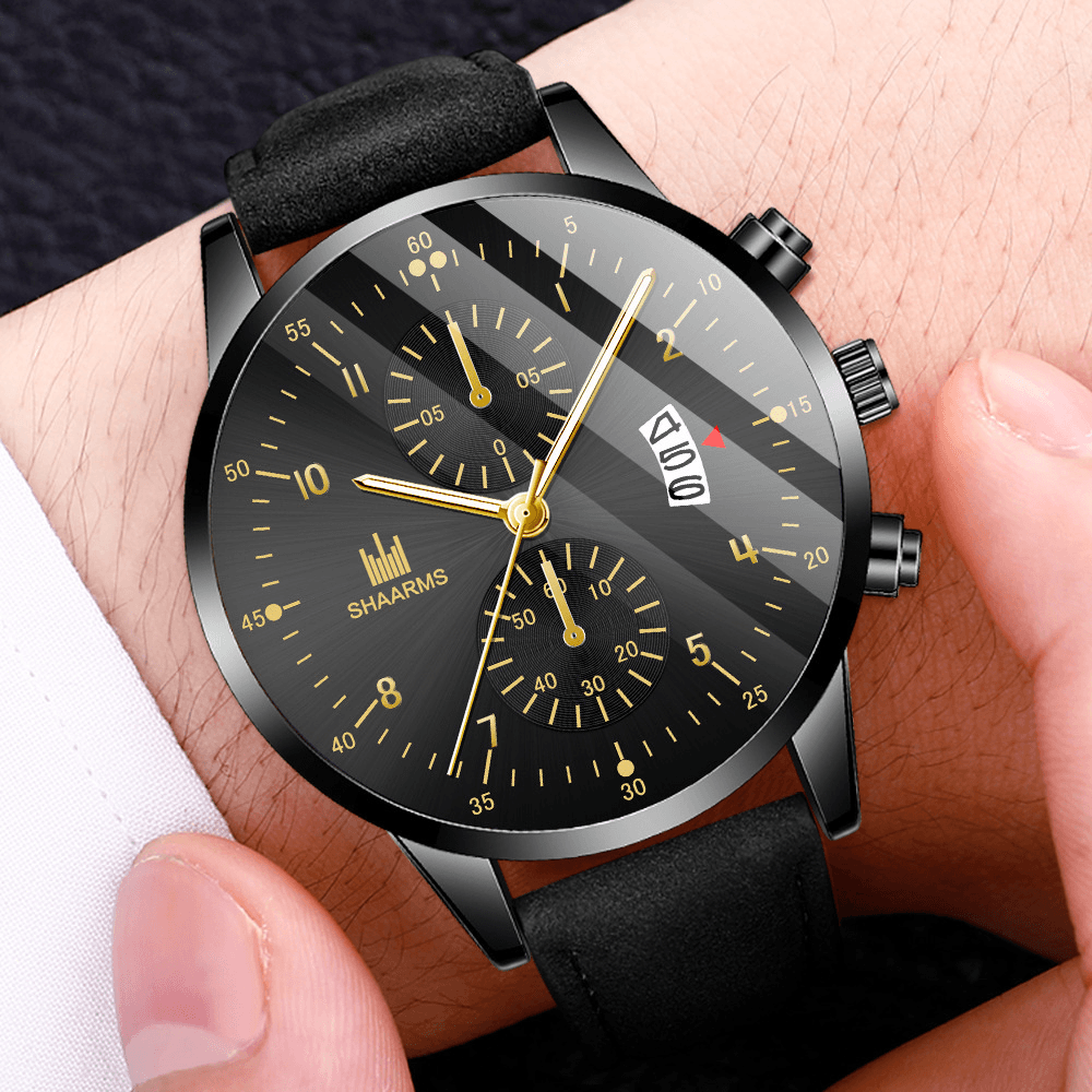Khorasan Fashion Business Decorated Pointer with Calendar Dial PU Leather Band Men Quartz Watch Wristband - Trendha