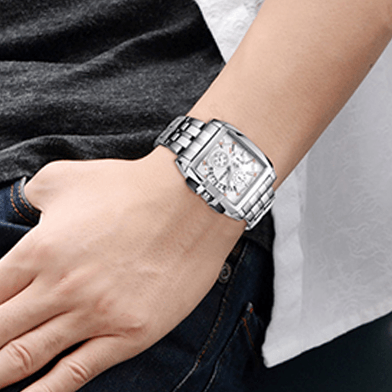 MEGIR Business Fashion Square Pattern Dial with Calendar Stainless Steel Strap Men Wristwatch Quartz Watch - Trendha