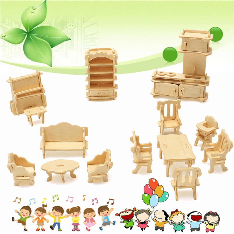 34 Pcs 3D DIY Wooden Miniature Dollhouse Furniture Model Unpainted Suite Toys - Trendha