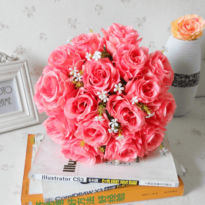 18 Head / Bouquet 15'' Artificial Silk Roses Flowers Bridal Home Wedding Decor Supplies - Trendha