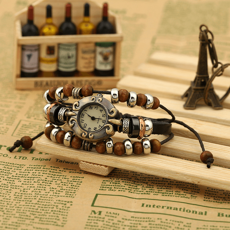 PANGKE Vintage Multilayer Quartz Watch Adjustable Leather Band Beaded Bracelet Watch - Trendha