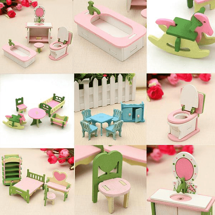 4 Sets of Delicate Wood Dollhouse Furniture Kits for Doll House Miniature - Trendha