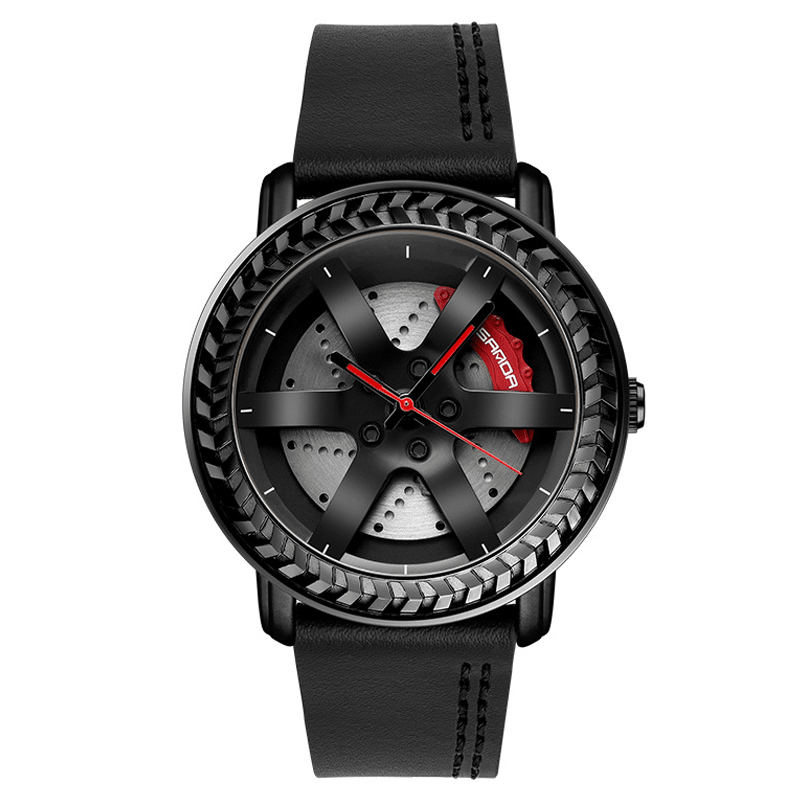 SANDA P1050 Casual Wheel Pattern 3D Stereoscopic Hollowed-Out Design Genuine Leather Strap Waterproof Men Quartz Watch - Trendha