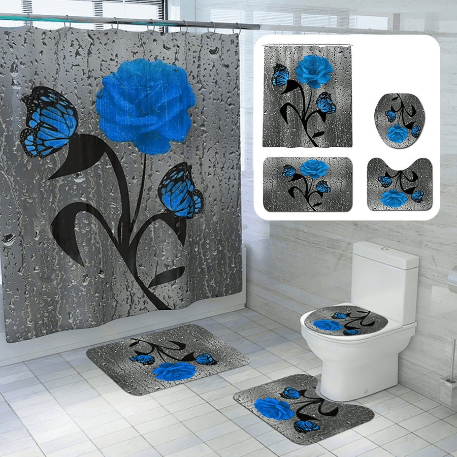 Bathroom Shower Curtain Waterproof Rings Hook Lid Toilet Cover Set 180X180Cm - Trendha