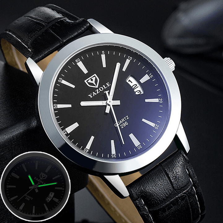 YAZOLE 296 Simple Calendar Luminous Display Business Men Waterproof Leather Strap Quartz Watch - Trendha